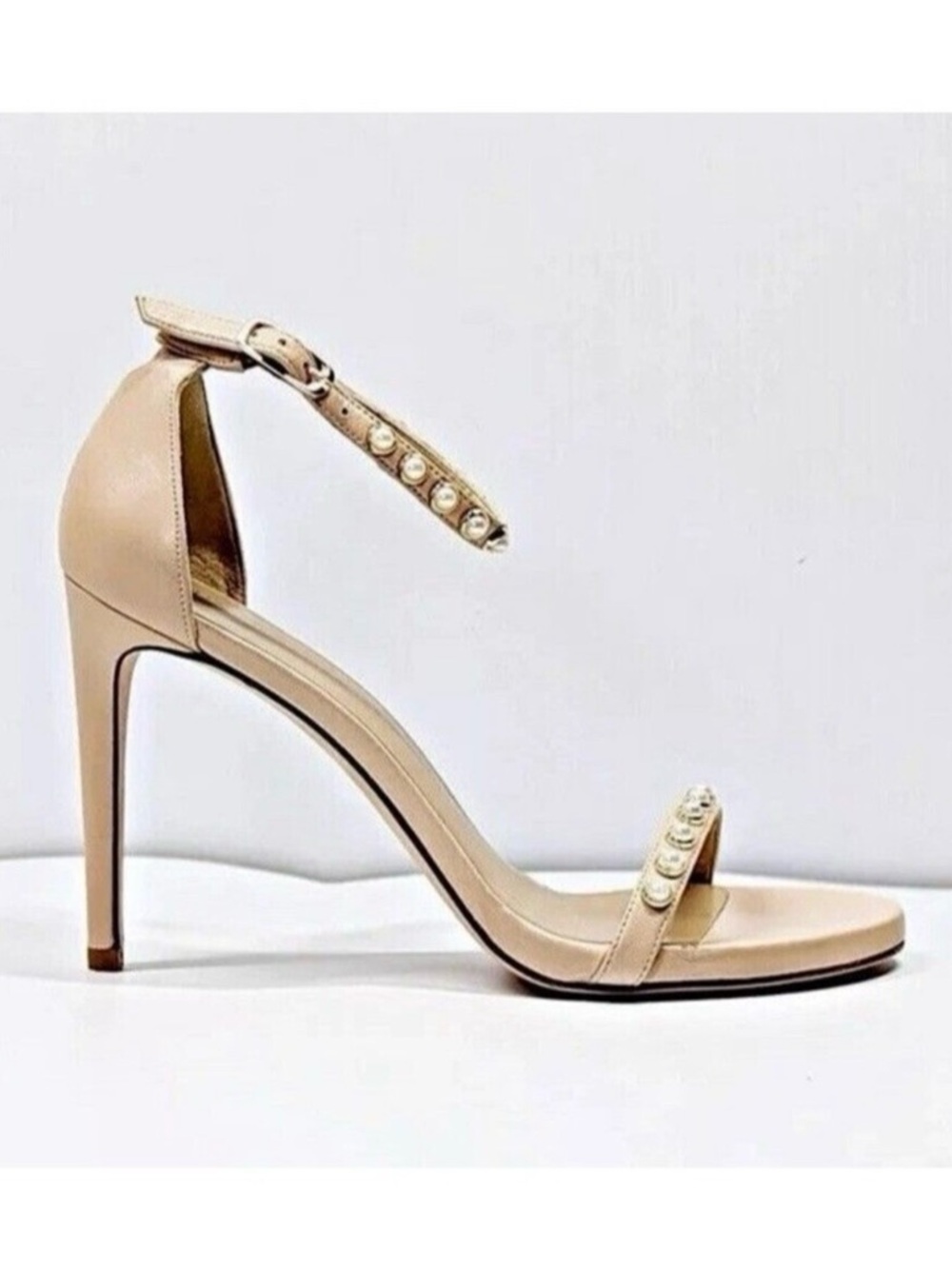 Stuart Weitzman Nudist Pearls Ankle Strap Sandals Heels Nude Size 10 (MSRP $455)